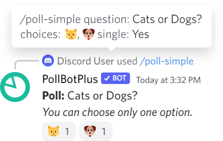Simple poll with the question 'Cats or dogs?' with a cat and dog reaction