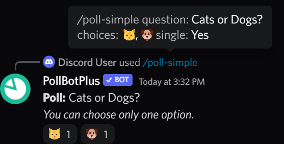 Simple poll with the question 'Cats or dogs?' with a cat and dog reaction
